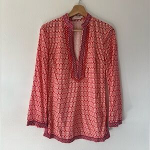 Tory Burch Red & Pink "T" Pattern Embroidered Long Sleeve Trim Tunic Top Size 4